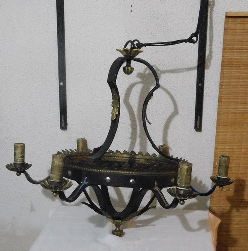 Araña Antigua De Hierro Forjado Y Bronce 0