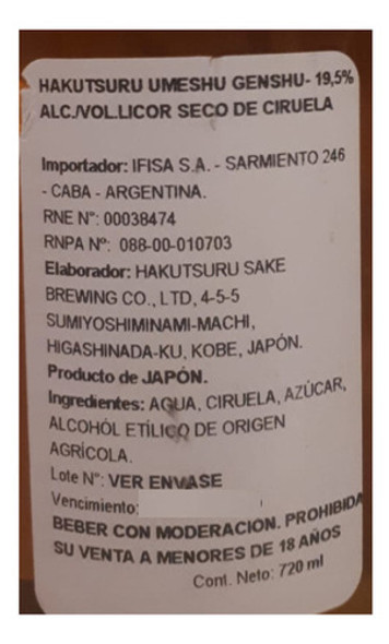 Sake Umeshu Genshu 720ml Japon Importado 19,5% 1
