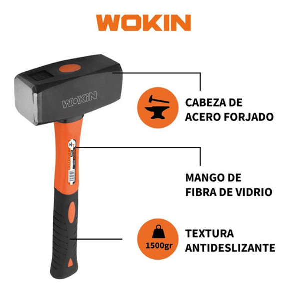 Maza 1,5 Kg Acero Forjado Fibra De Vidrio Industrial Wokin 1