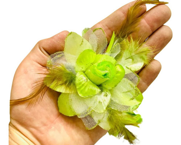 12 Pcs Flor De Tecido Com Plumas 9cm Verde 0