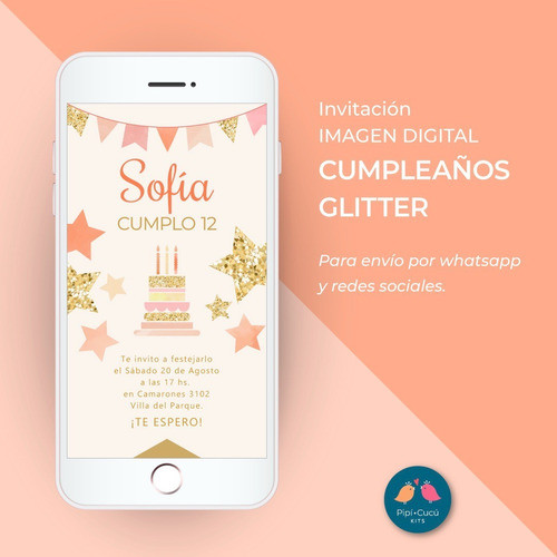 Invitación Virtual Imagen Digital - Cumpleaños Glitter Torta 0
