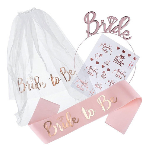 Kit Luxo 1 Tiara Bride 1 Véu 1 Faixa Bride To Be 1 Tatuagem 1