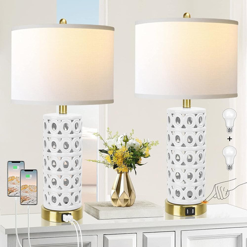 Qimh Lámpara De Mesa De Cerámica Blanca Set De 2, Moderna Lá 0