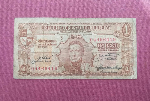 Billete De Un Peso Uruguay Ley De 2 De Enero De 1939 Serie D 0