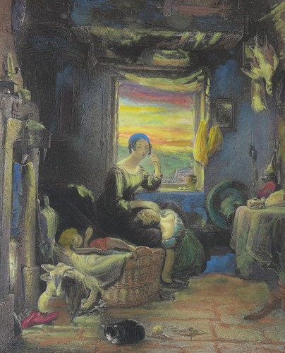 Cena Doméstica - Gravura Aquarelada Séc. Xix 1