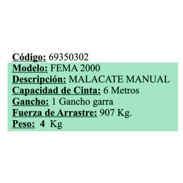 Malacate Manual Fema 907 Kg Cinta 6 M Y Gancho Garra 1