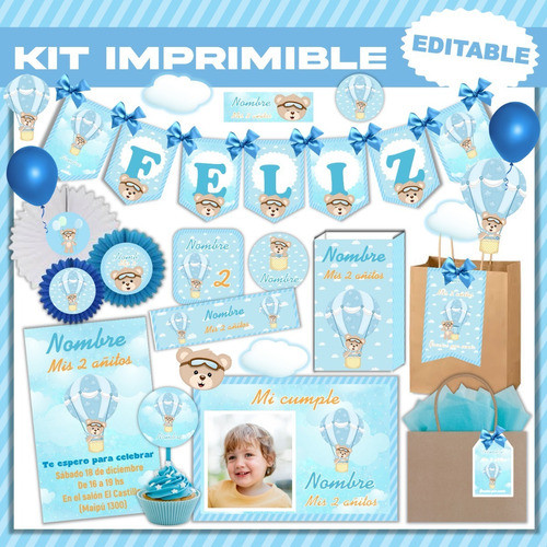 Kit Cumpleaños Imprimible Osito Globo Aerostático Editable 1