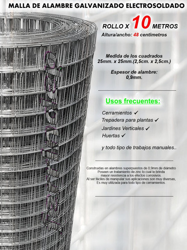 Malla Electrosoldada 25x25mm 50cm X 10mts 0,9mm Rollo 1