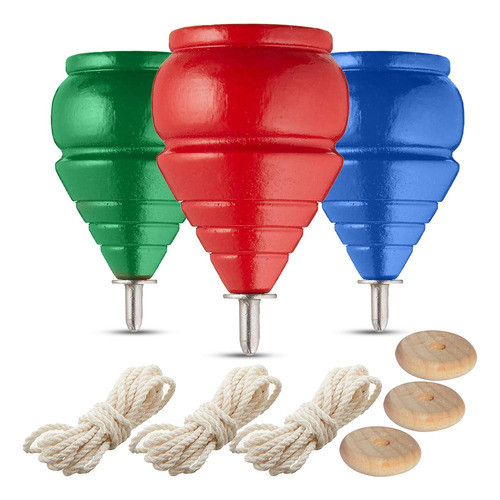 Conjunto De 3 Trompos Clásicos De Madera Auténticos Para Jug 0