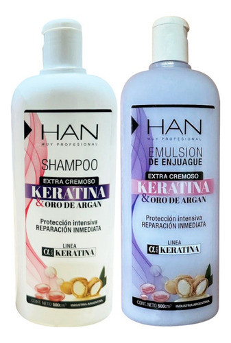 Combo Shampoo + Aco Han  Keratina Y Oro Argan Brillo X500ml 0
