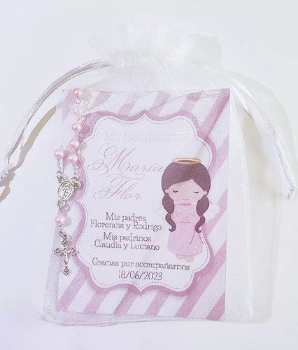 25 Souvenirs Bautismo Comunión Bolsita Organza Mini Rosario 1