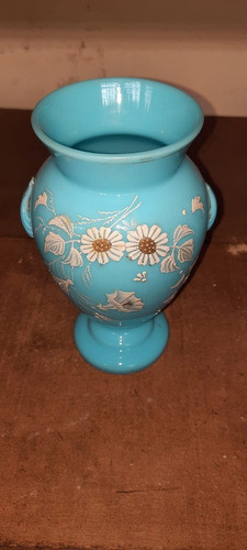 Vaso Em Opalina Azul  Com Flores Brancas - Noir Antiguidades 1