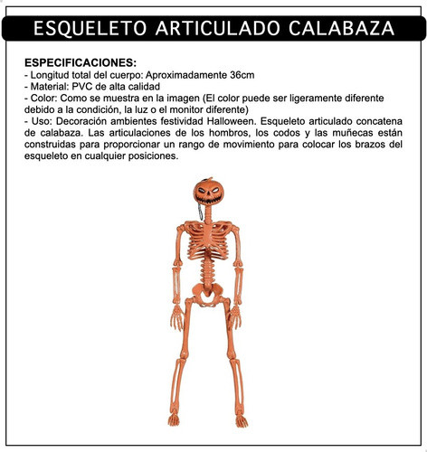 Esqueleto Articulado Cabeza Calabaza Decoración Halloween 1