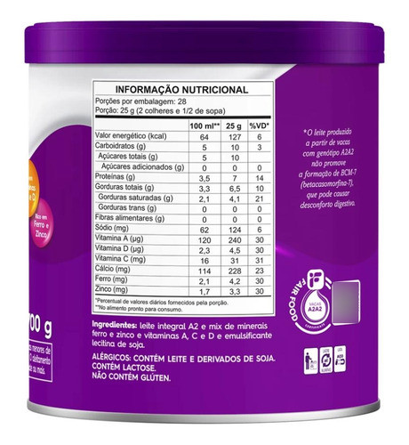 Kit 2 Leite Em Po A2 Integral Instantâneo 700g Piracanjuba 1