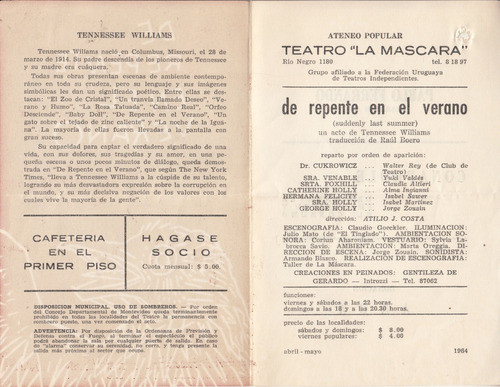 1964 Programa De Teatro La Mascara Obra Tennessee Williams 1
