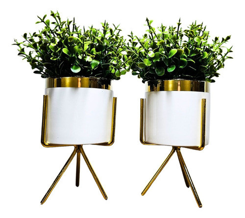 2 Vasinhos Cachepô Com Suporte Dourado + Planta Artificial 0
