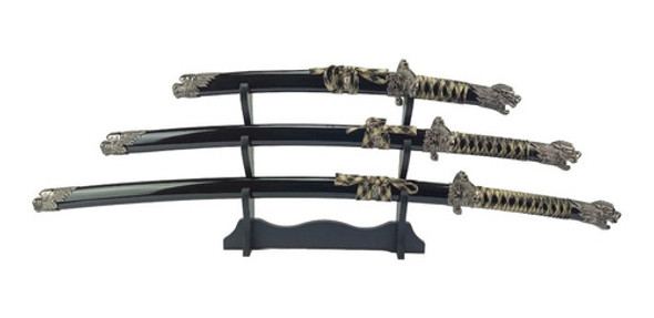 Kit 3 Espada Katana Dragão Decorativa + Suporte Mesa 0