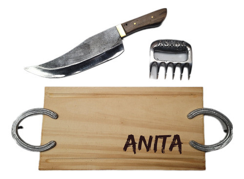 Juego Asador Tabla Madera Cuchillo Bowie 26cm Hoja Garra Oso 0