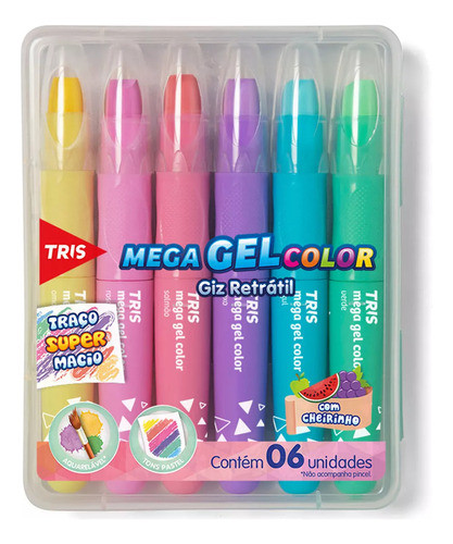 Giz Gel Cera Retrátil Tris Mega Color Cheirinho Tons Pastel 0