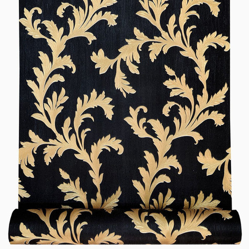 Papel De Parede Importado Alto Relevo Preto Dourado + Cola 0