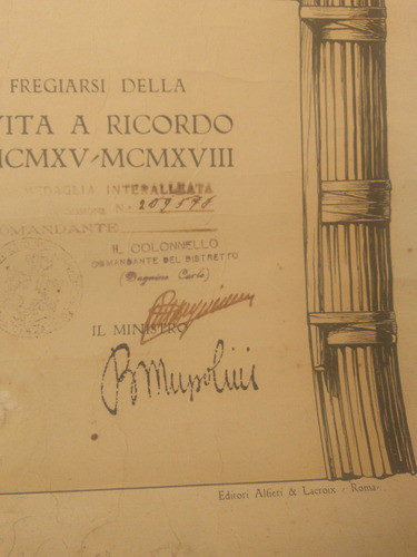 Diploma Primera Guerra Mundial Rubrica Firma De Mussolini 1