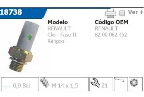 Bulbo Aceite Renault Clio / Kangoo 1.2 Gris 0.9 Bar 1