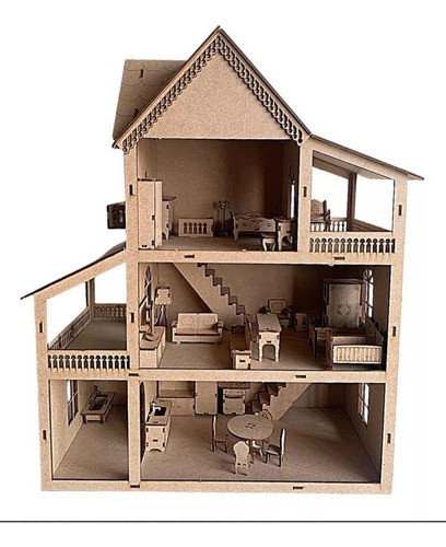 Casa Casita De Muñecas Mdf 3 Pisos Con Muebles Desarmada 0