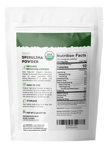 Spirulina Orgânica Em Pó Kate Naturals 907g Para Sopa Imune 1
