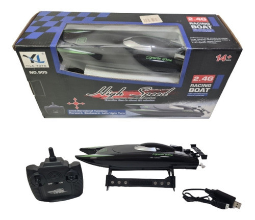 Lancha Barco Racing Boat Rc Sem Fio 2.4 Ghz Preto C/ Verde 0