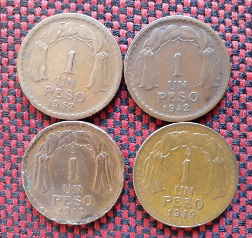 Chile 1 Peso 1942 1943 1949 Moneda Cobre O'higgins Km#179 0