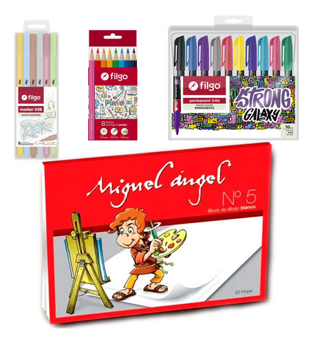 Marcadores Fibras + Lápices Colores + Block Hojas De Dibujo 0