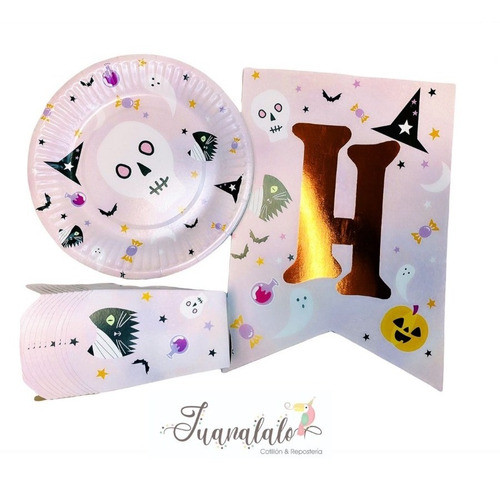 Combo Halloween Rosa Pastel Platos Cajitas Banderin Cotillon 0