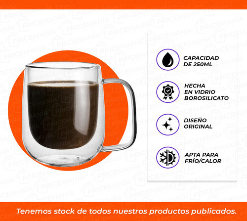 Taza De Cafe Te 250cc Vidrio Con Asa Doble Capa Infusiones 1