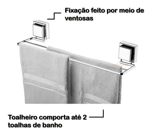 Suporte Porta Toalha Toalheiro Duplo Ventosa Prata Cromado 1
