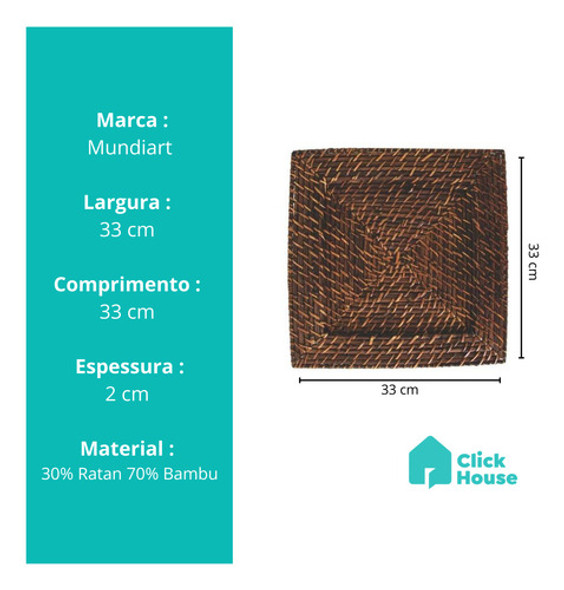 Kit 4 Sousplat Quadrado Mundiart Rattan Bambu Marrom Escuro 1