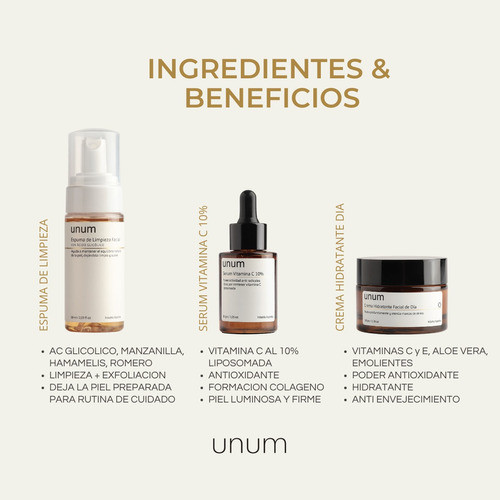 Kit Luminosidad Unum - Espuma + Sérum Vit C + Crema Día 1