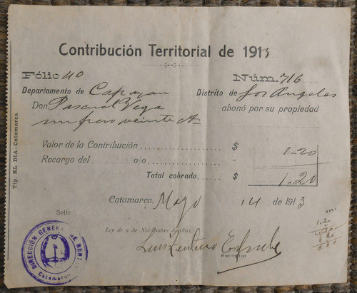 Catamarca, Año 1913. Contribución Territorial. 0