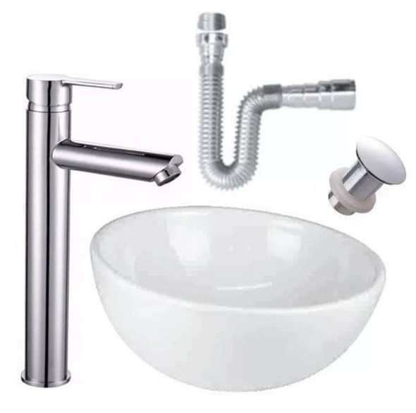 Combo Bacha Loza + Grifería Alta + Válvula + Sifón Cromado - 0