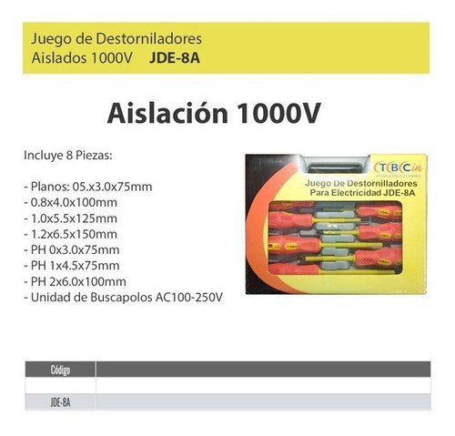 Juego De 8 Destornilladores Para Electricidad Tbc Jde8-a 1