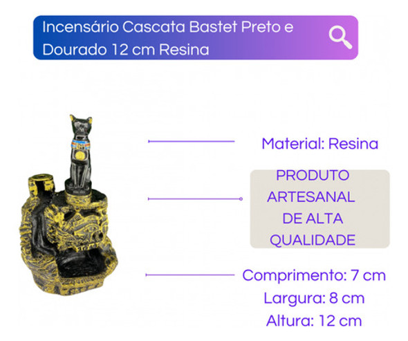 Incensário Cascata Bastet Preto E Dourado 12 Cm 1