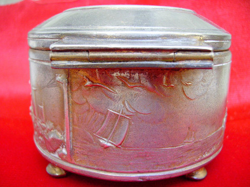 Antiguo Cofre Alhajero Peltre Cuadruple Plate Holandes Sello 1