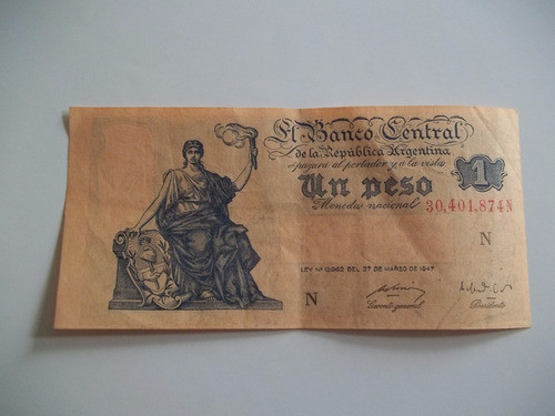 Billete 1 Peso Moneda Nacional 1947 Series K, L, M Y N 0