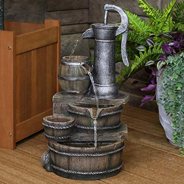 Sunnydaze Cozy Farmhouse Pump And Barrels Outdoor Fountain W 0