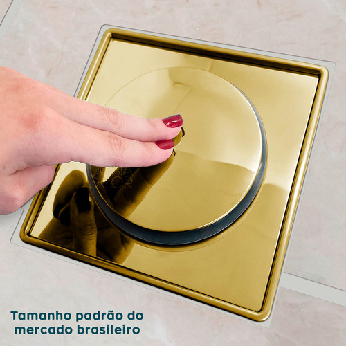 Caixilho E Ralo Dourado 15x15 Click Quadrado Inox Banheiro 1