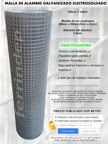 Tejido Metal Electrosoldado Malla Alambre 20x20mm 1mt Alto 1
