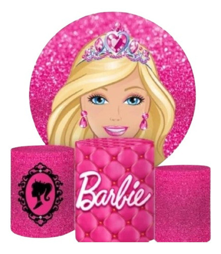 Decoración Cumple Barbie, Kit Cilindros + Panel + Fundas 0