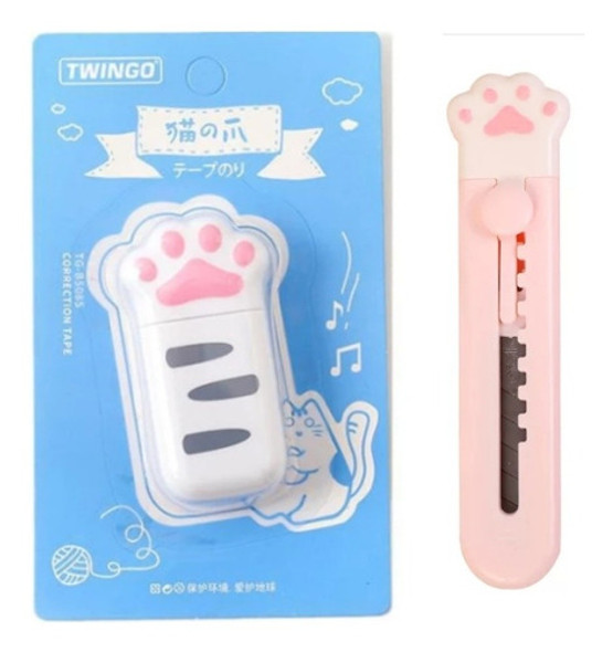Kit Corretivo Fita Cinza 6m E Mini Estilete Patinha Kawaii 0