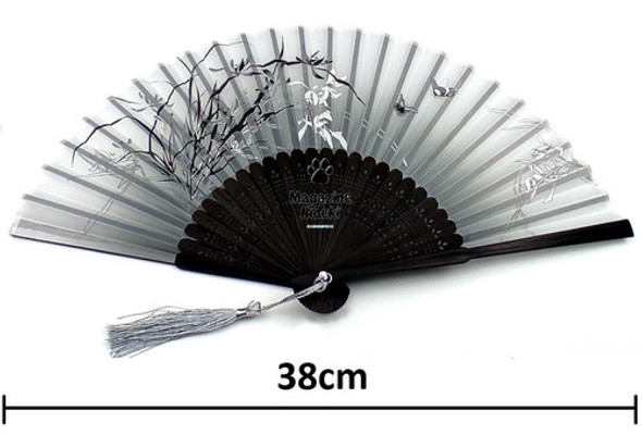 Kit 3 Leques De Madeira Japones Preto 21cm Flor Íris Luxo Nf 1