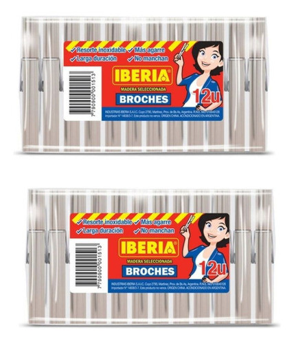 Broches De Madera Resorte Inoxidable Iberia X12 U - X 2u 0