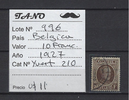 Lote996 Bélgica 10 Francos Año 1927 Yvert# 210 1